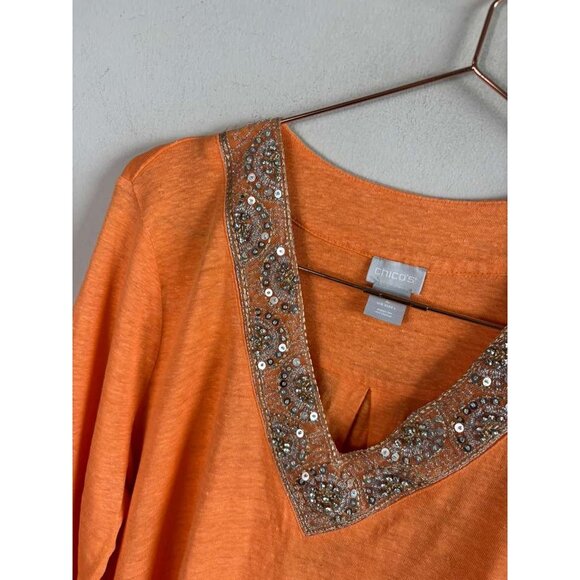 Chico’s Women’s 3/4 Sleeve Linen Beaded Embellished Tunic Top Orange Size L - Picture 5 of 10